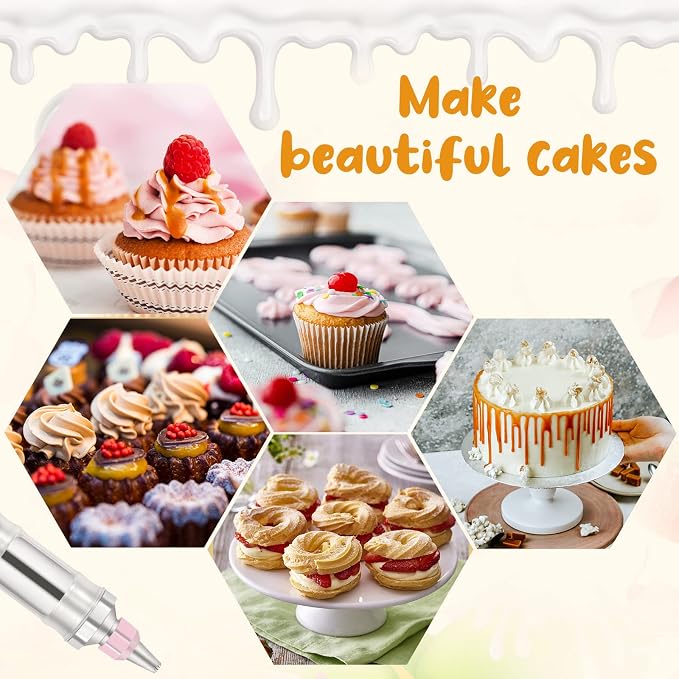 Pink Cake Decorating Kit - 6 Russian Piping Icing Nozzles, 3 Cream Scrapers, Stainless Steel Cupcake Frosting Filling Injector