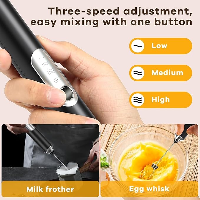 Milk Frother Rechargeable,Handheld Milk Frother, 3 Heads Rechargeable Mini Drink Mixer Stirrers, 3 Speed Adjustable Coffee Frother Wand, Drinks mixer electric handheld milk frothe