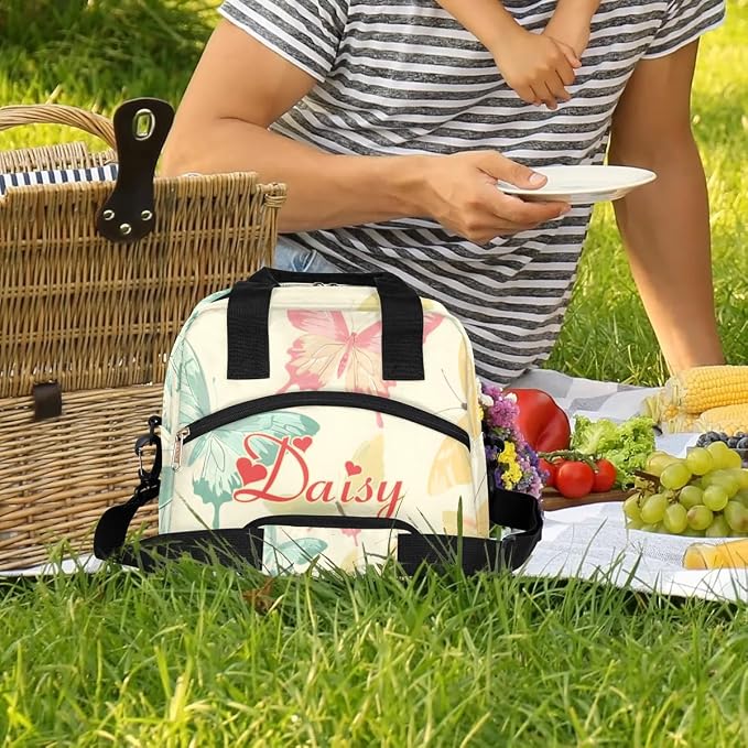 Personalized Yellow Butterfly Lunch Bag for Women, Custom Name Insulated Cooler Lunch Box for Work Office Picnic,Leakproof Reusable Lunch Tote Bag