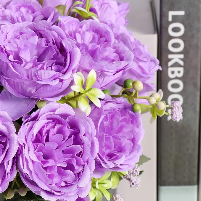 Artificial Peonies Silk Flowers, Purple Faux Peony Bouquet 4 Bundles Florals Arrangements Decor for Farmhouse Home Boho Wedding Table Centerpiece, Fake Plastic Flowers Bulk for Vase Decoration Purple