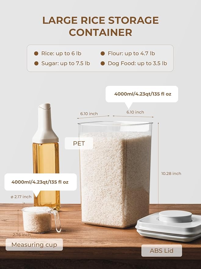 Airtight Food Storage Containers with Lid, 4-Pack 4.22Qt Large Stackable Pantry Organizers with Measuring Scoops, BPA-Free Containers for Rice, Flour, Baking Supplies, Snacks & Laundry Pods