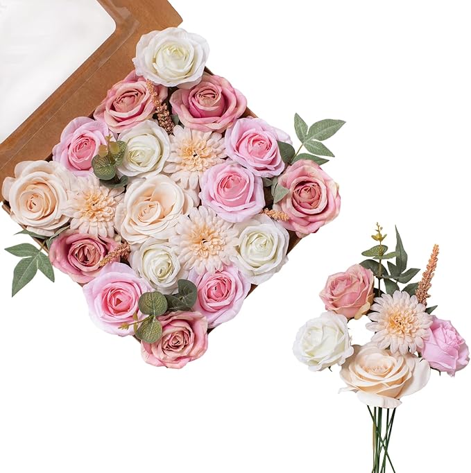 FANKO Artificial Flowers for DIY, Pink Blush Ivory Pale Peach Faux Flowers Bouquet, Fake Flowers with Roses Daisy Silk Flowers for Vase, Home Decor, Wedding Centerpiece, Floral Arrangement Décor