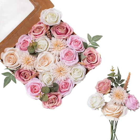 FANKO Artificial Flowers for DIY, Pink Blush Ivory Pale Peach Faux Flowers Bouquet, Fake Flowers with Roses Daisy Silk Flowers for Vase, Home Decor, Wedding Centerpiece, Floral Arrangement Décor
