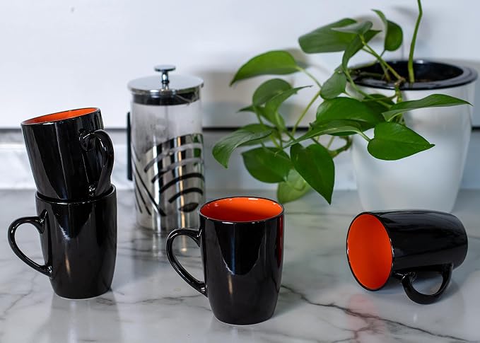 Elanze Designs Color Pop Orange Black Exterior 16 ounce Glossy Ceramic Mugs Matching Set of 4