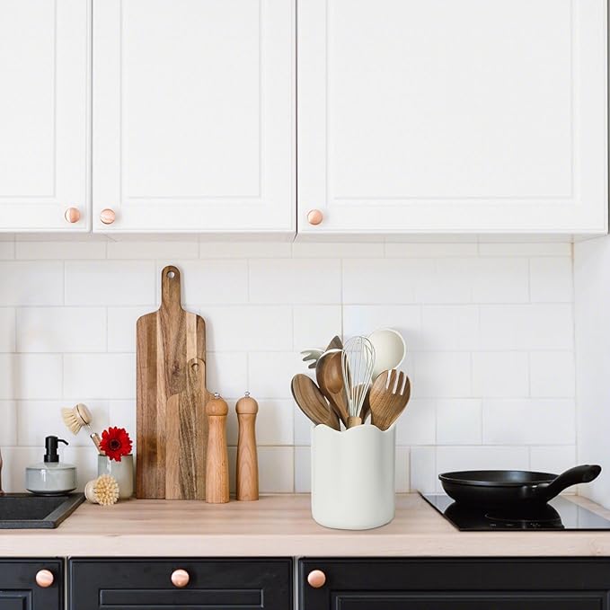 Ceramic Utensil Holder for Kitchen Counter, 6.2" Large Kitchen Utensil Holder for Countertop with Cork Bottom, Cooking Tool Organizer for Spatula, Matte White