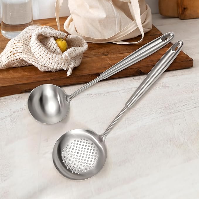 2PCS Soup Ladle Stainless Steel and Slotted Spoon Set, 304 Wok Utensils Set, Metal Strainer Spoon for Cast Iron/Carbon Steel Wok