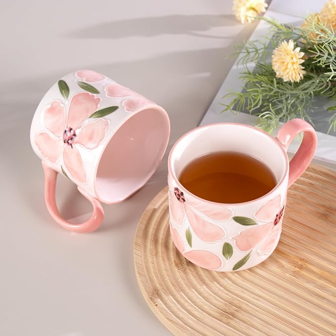KAMMAK Ceramic Coffee Mug, 13.5oz Pink Mugs Set of 2, Novelty Cup for Tea, Juice, Milk, Cute Porcelain Water Cups with Handle for Women, Dishwasher and Microwave Safe