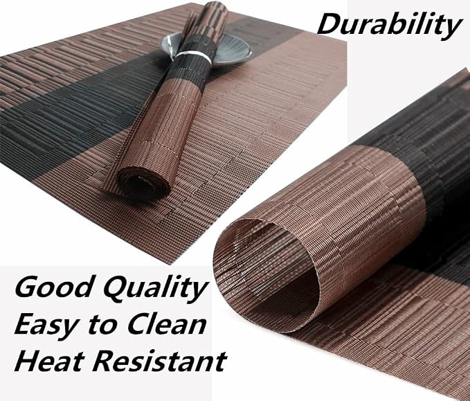 Placemats, Washable PVC Table Mats, Woven Vinyl Placemat for Dining Table Place Mats Set (6 placemats and 1 Table Runner, Black and Brown)