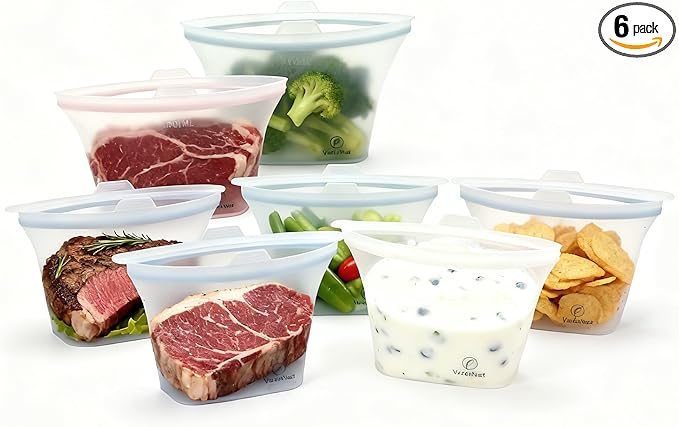 Reusable Silicone Food Storage Bags – 6 Pack Stand-Up Leakproof BPA-Free Silicone Bags for Meal Prep, Sandwich, Snacks & Freezer Storage (500ml, 1000ml, 1500ml)