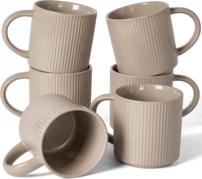 famiware Coffee Mug Set for 6, Star 12 oz Catering Mugs Cup Set with Handle for Coffee, Tea, Cocoa, Milk- Ceramic Stoneware Drinkware Set, Cinnamon Brown
