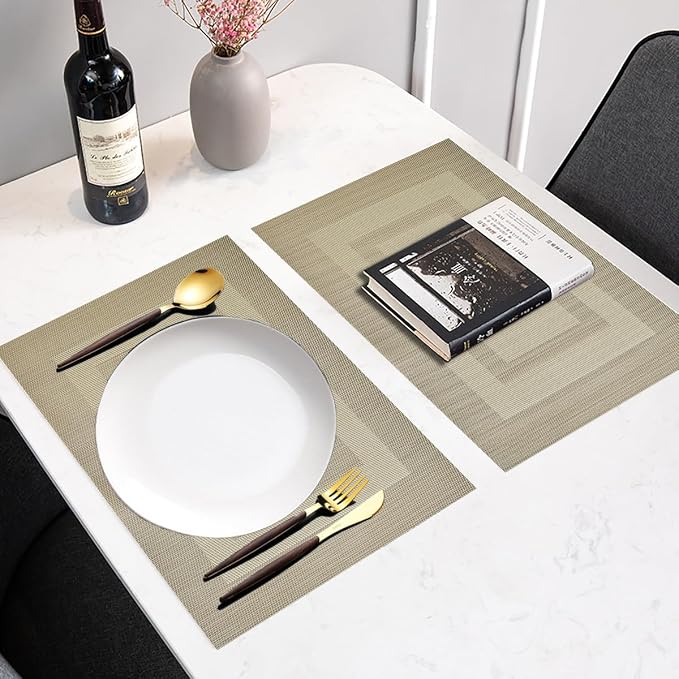 PIGCHCY Placemats Set of 6,Washable Woven Vinyl Kitchen Table Mats Non Slip Placemats,Heat Resistant Durable Placemats for Dining Table (Beige)