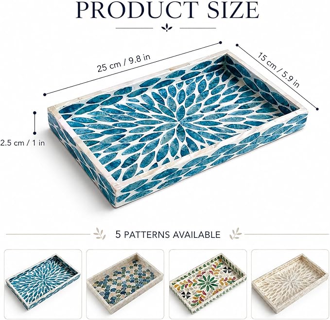 Mother of Pearl Inlay Wooden Tray – Handmade Decorative Rectangle Serving Tray for Coffee Table, Kitchen, Bathroom, Vanity or Living Room Decor, Golden Flowers