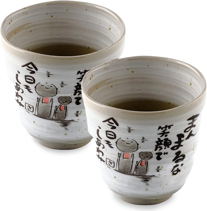 Mino Yaki(Ware) ceramic Handmade Japanese Tea Cups Yunomi Tea cup Mug, Japanese Poem Jizo Statue Design Gray, 6.4 fl. oz Set of 2, Sake,Matcha Green Tea,