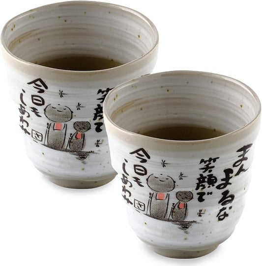 Mino Yaki(Ware) ceramic Handmade Japanese Tea Cups Yunomi Tea cup Mug, Japanese Poem Jizo Statue Design Gray, 6.4 fl. oz Set of 2, Sake,Matcha Green Tea,