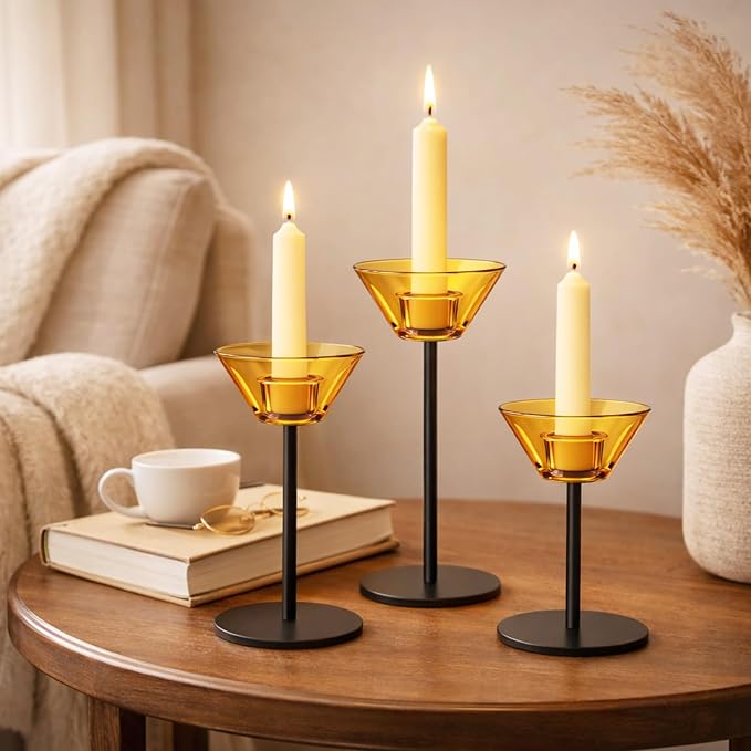 Smytle Amber‑Gold Glass Candlestick Holders with Weighted Black Metal Base, Set of 3 Amber Candle Holders for Both Taper and Tea Light Candles, Boho & Autumn Table Decor, Wedding Centerpiece