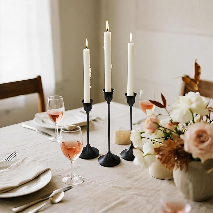 Tifanso Black Candle Stick Holder - 3PCS Taper Pillar Tall Candlestick Holders, Metal Vintage Decor, Dinner Table Dining Room Centerpieces Decorations for Wedding Fireplace Mantel Housewarming Gift