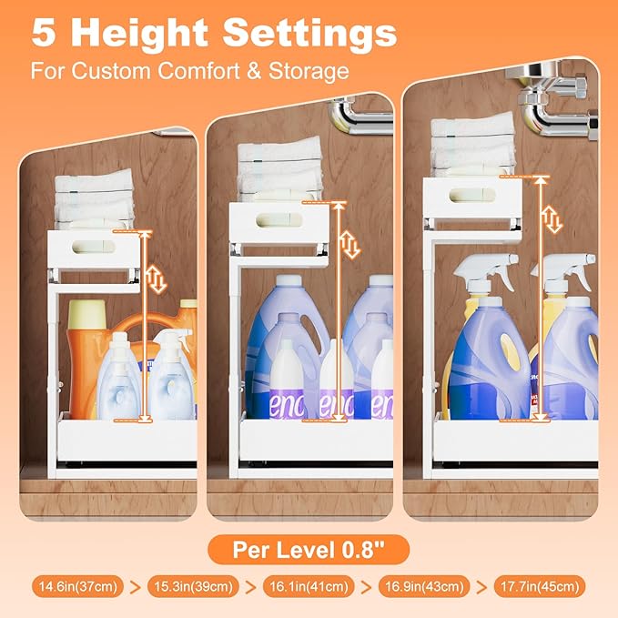Upgrade 1 Pack Expandable Under Sink Organizers and Storage, 2 Tier Metal Pull Out Cabinet Organizer with 3 Slide Rails, Adjustable Height Slide Out Under Sink Drawers for Kitchen Bathroom Pantry