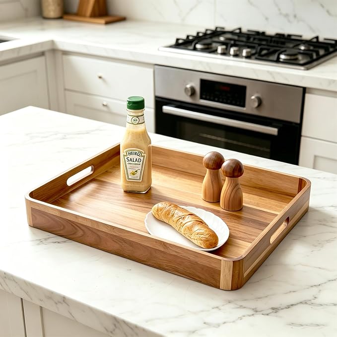 Large Wooden Ottoman Tray Great Rectangle Trays for Big Ottoman 22"x18" Coffee Table Tray for Kitchen Huge Wood Serving Tray with Round Corner for Living Room Decor Centerpiece Organizer