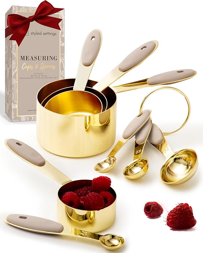 Gold Measuring Cups and Spoons Set – 8-Piece Brass Measuring Set with Beige Silicone Handles for Comfortable Grip – Stainless Steel, Stackable, Gold Kitchen Accessories for Baking & Cooking