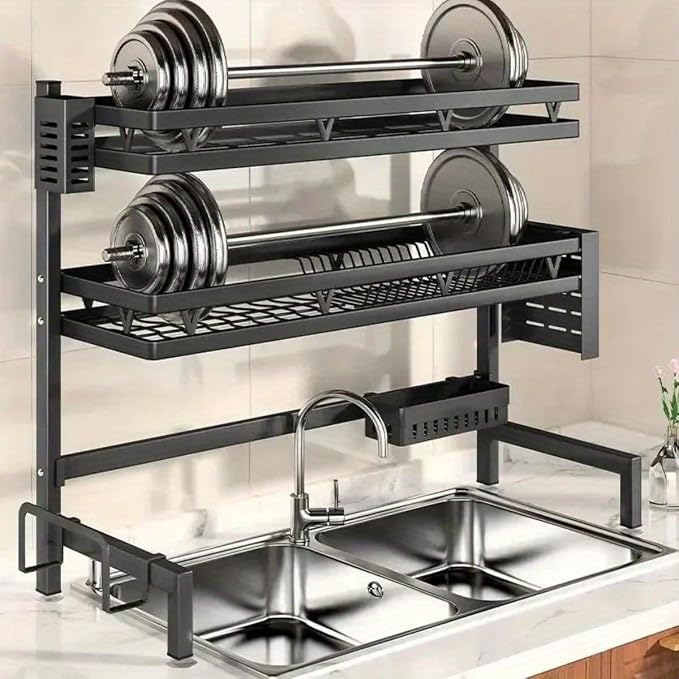 3-Tier Over Sink Dish Draining Rack Adjustable Width and Height with Phone Holder Cup Holder, Knife and Chopstick Holder, Cutting Board Rack, Space-Saving Rack