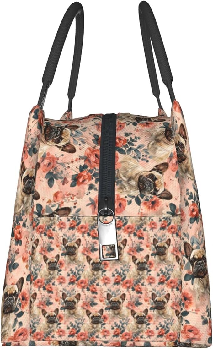 Cute French Bulldog with Floral Lunch Box for Women Girls Adults Insulated Adorable Dog and Rose Lunch Bag for Work Picnic Camping Travel Gifts Large Capacity Cooler Thermal Reusable Tote Makeup Bags