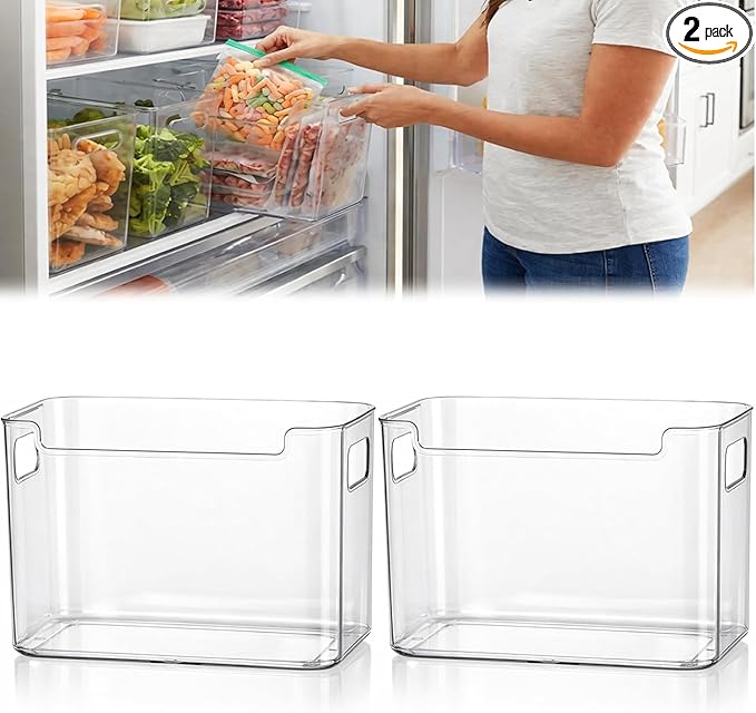 Crystal Clear Freezer Storage Bins, Clear Plastic Storage Bins for Pantry Organizers and Storage, Kitchen Stackable Containers with Handle for Refrigerator, Fridge, Cabinet (2, L)