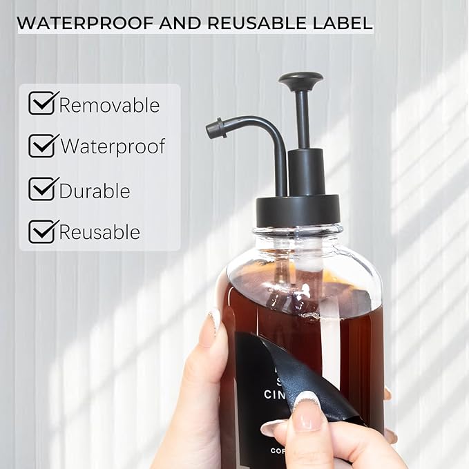 Coffee Syrup Dispenser for Coffee Bar, Set of 4 Simple Glass Syrup Bottle w. Pump and Labels, 16.9 oz 500ml Syrup Pump Dispenser, Syrup Dispenser w. Tray & Coffee Scoop