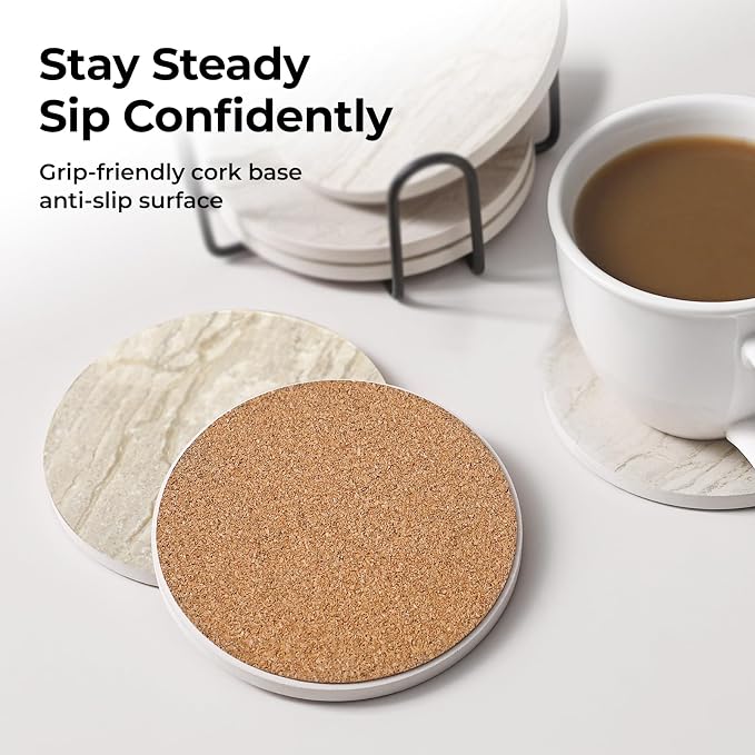LIFVER Coasters for Coffee Table, Coasters for Drinks Absorbent, Drink Coasters, Housewarming Gift, Home Decor, Set of 6, Farmhouse Coaster Set with Holder, 4 Inches, Sandstone Style