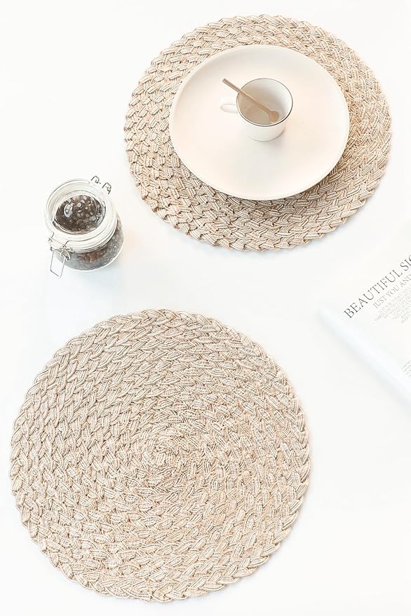 Floroom 15 Inch Round Braided Placemats Set of 4, Washable Heat Resistant Cotton Polyester Circle Boho Place Mats for Kitchen Dining Table - Canvas Beige