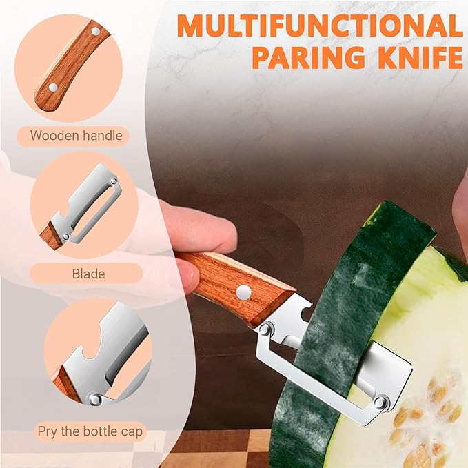2-in-1 Vegetable Peeler with Bottle Opener, Multi-Functional Vegetable Peeler with Sharp Stainless Steel Blades, Suitable for Pumpkin, Papaya, Zucchini, Potato (1, Wooden)