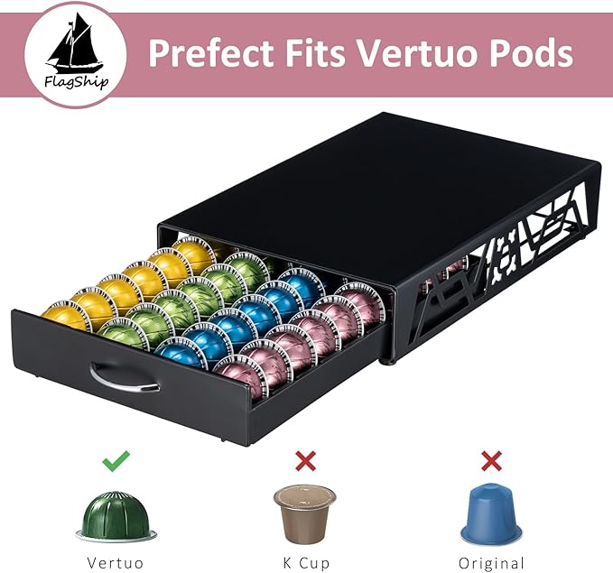 FlagShip Vertuo Pod Holder- Modern Black Metal Coffee Capsule Organizer & Space-Saving Pod Storage for Coffee Machines, Generous 40 Vertuo Pods Capacity