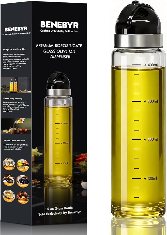 Leakproof Olive Oil Dispenser Bottle with No-Drip Spout - Shatterproof Borosilicate Glass with Dust Cover & Wide Mouth - Heat-Resistant 15oz Oil and Vinegar Cruet for Kitchen, Cooking, Salad Dressing