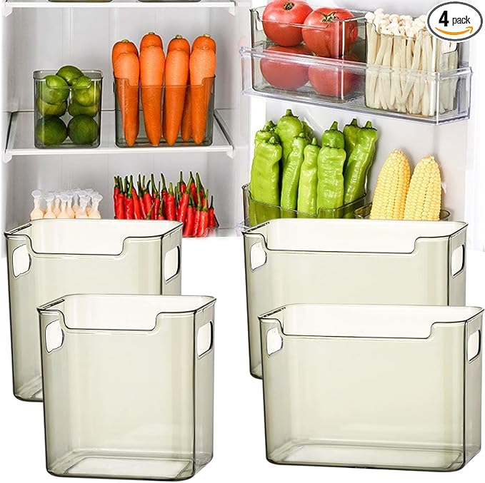 Crystal Clear Freezer Storage Bins - 2026 New Clear Plastic Bins for Refrigerator and Pantry, Stackable Kitchen Cabinet Organizer with Handles for Frozen Food, Meat & Veggies (Green * 2S+2L)