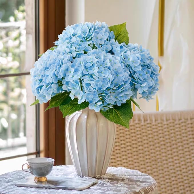 Leftover 21" Blue Hydrangea Artificial Flowers,3 Pcs Real Touch Hydrangea Flowers with 3 PCS Butterflies for Centerpiece Table Decorations,Floral Arrangements for Coffee Table Decor,Living Room Decor