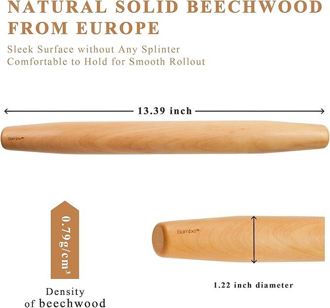 Bamber Wood French Rolling Pin for Baking Small Wooden Rolling Dowel Stick Dough Roller for Cookie Dumpling Pastry Pizza Tortilla, 13.4'' by 1.2''
