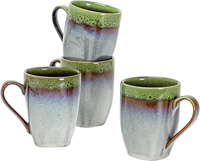 HENXFEN LEAD Coffee Mugs 10 Oz, Ceramic Cups with Large Handle for Coffee, Soup, Tea, Milk, Latte and Hot Cocoa, Mug Gift Set Microwave Oven Safe - Set of 4, Green