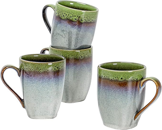 HENXFEN LEAD Coffee Mugs 10 Oz, Ceramic Cups with Large Handle for Coffee, Soup, Tea, Milk, Latte and Hot Cocoa, Mug Gift Set Microwave Oven Safe - Set of 4, Green
