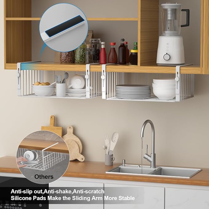 AmonHouseware 2Pack Under Shelf Basket Organizer,Adjustable Hanging Holder Storage for Cabinet Pantry Kitchen Cupboard Desk Counter Bookshelf Organization Add-on Space Saver Heavy Duty Slide-in,White