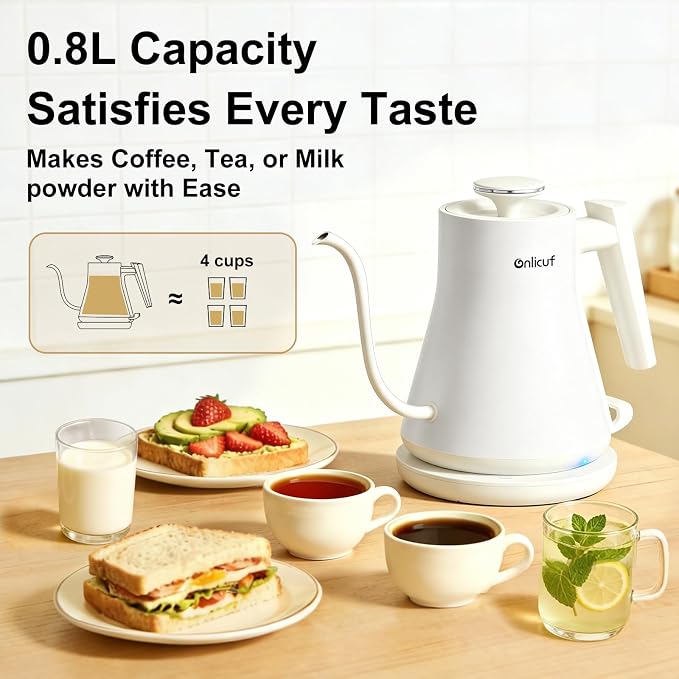 Gooseneck Electric Kettle 0.8L (27oz) - 1000W Rapid Fast Boiling Tea Kettle with Auto Shut Off, Stainless Steel Leak-Proof Elegant White Water Boiler