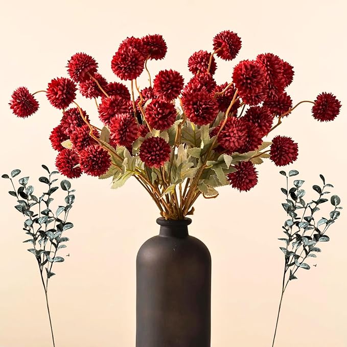 RyddeligHome Faux Red Flowers Artificial 10 Long Stems + Eucalyptus, Burgundy Wine Colored Silk Mum Flowers for Decor, Fall Table Centerpieces, Dark Red Faux Mums