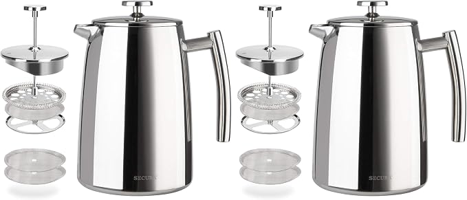 Secura French Press Coffee Maker, 34-Ounce, 304 Stainless Steel Insulated Coffee Press with Extra Screen (Pack of 2)