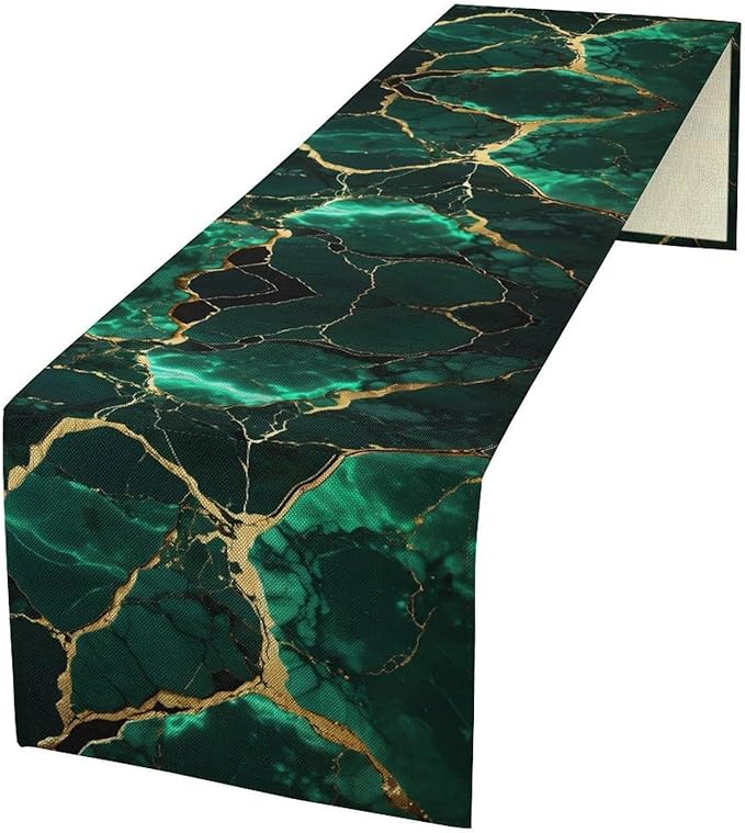 Marble Table Runner, Abstract Dark Green and Gold Modern Luxury Texture Printed Linen Table Runners for Farmhouse Kitchen Dining Room Party Holiday Home Decor 13" W x 72" L