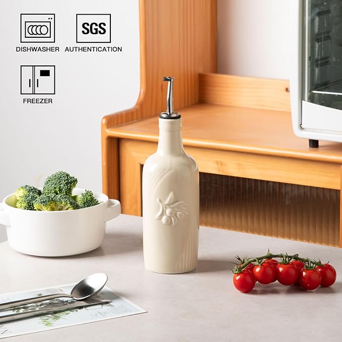 Sweejar Ceramic Olive Oil Dispenser Bottle, 17 FLOZ Oil Bottle with Spout，Porcelain Oil Dispenser for Kitchen,Cooking, Evoo, Vinegar, Soy Sauce, Pack of 1 (Beige)