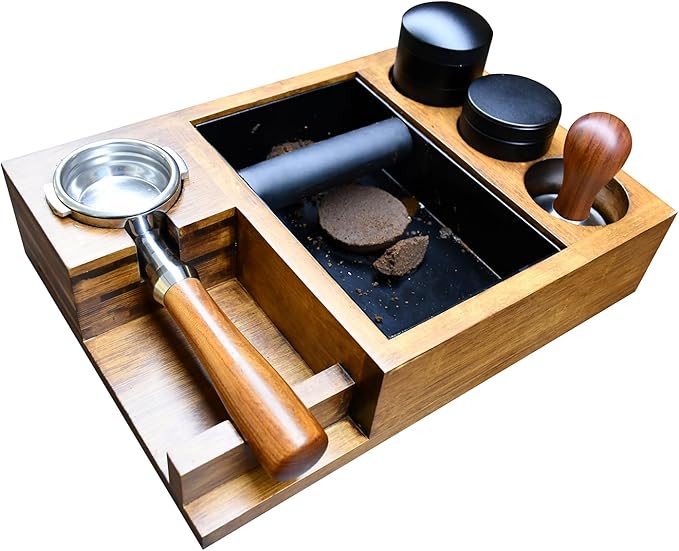 NAVREX 13.4'' Large Espresso Knock Box and Tamping Station, Solid Wood Espresso Accessories Organizer Box for 51MM-58MM Tamper, Distributor, Portafilter, High-Capacity Espresso Coffee Organizer