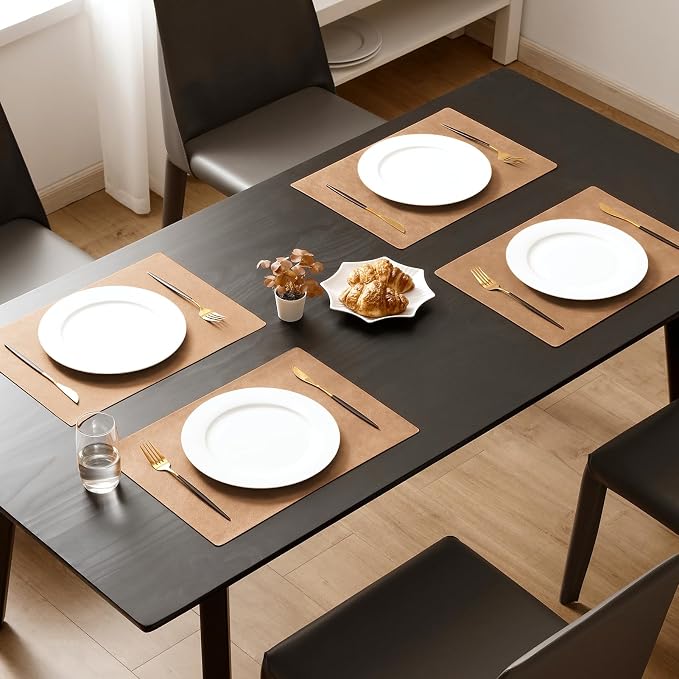 MOSAYT Vinyl Placemats Set of 12-12 X 17 Inch - Faux Leather 100% Waterproof Oil-Proof Wipeable PU Place Mats, Heat Resistant Reversible Table Mats for Kitchen, Dining, Outdoor, Camel