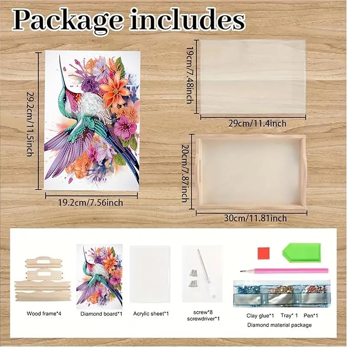 DIY Diamond Serving Tray Rectangular Breakfast Tray with Handle Handmade Diamond Art Painting Wooden Tray Spring Creative Dinner Plate Coffee Room Living Home Organizer-Hummingbird02