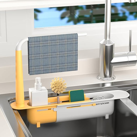 Telescopic Sink Storage Rack with 2 Sponge - Sink Caddy Sponge Holder for kitchen sink (Yellow)