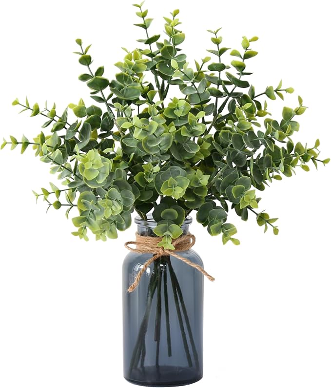 Leftover 8 PCS Faux Eucalyptus Stems in Black Glass Vase,Fake Plants Greenery Stems for Centerpiece Table Decorations,Fake Plants for Black Bathroom Decor(Sage Green)