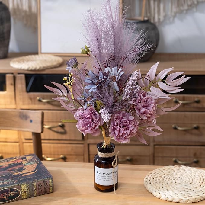 Artificial Fake Faux Flowers Silk Flower Arrangements Bouquets Consists of Peonies, Chrysanthemums, Pampas Grass (Purple)