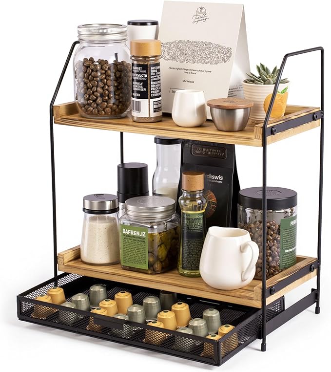 Coffee Bar Organizer - 2 Tier Wooden Station for Coffee Bar Accessories, Essentials, and Decor, for K Cup, Nespresso Pods, Coffee Pod Holder for Kitchen Countertop